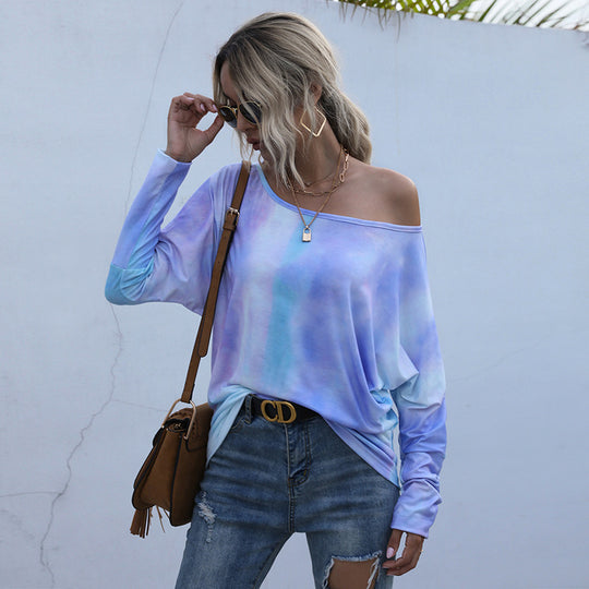 Damen Oversize-Longsleeve mit Off-Shoulder Ausschnitt und Batikmuster Shop Nory