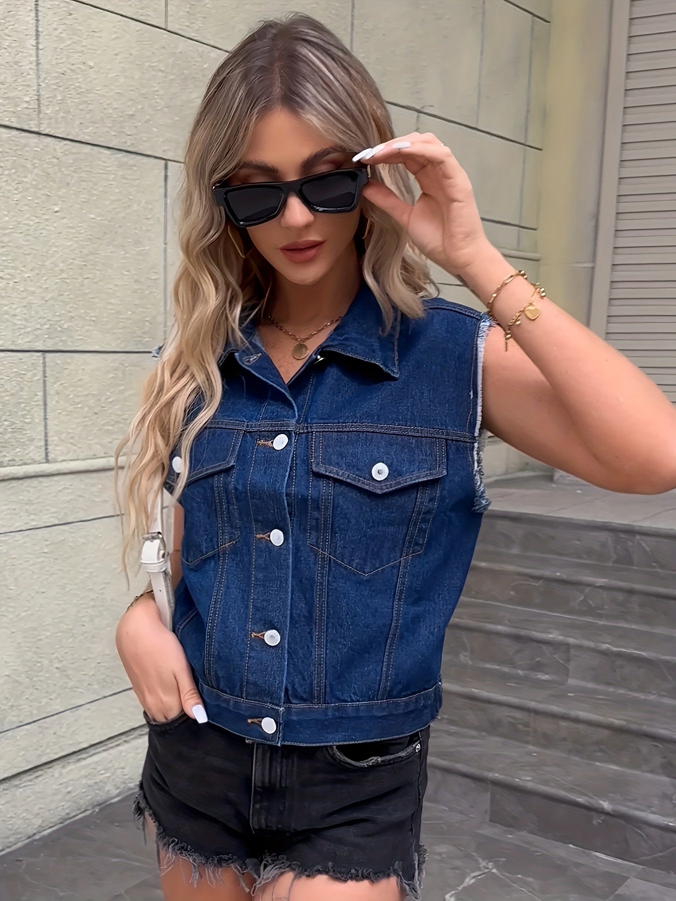 Ärmellose Jeansjacke mit Pattentaschen