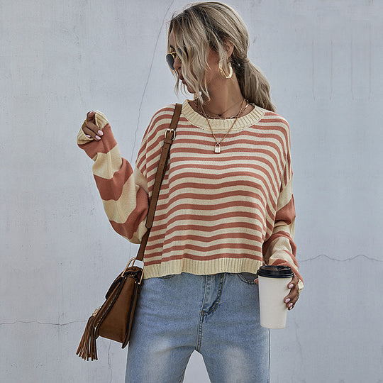 Damen Gestreifter Oversize-Cropped-Strickpullover mit Raglanärmeln und gerippten Abschlüssen Shop Nory