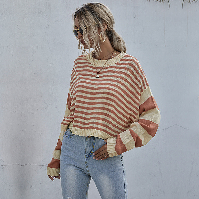 Damen Gestreifter Oversize-Cropped-Strickpullover mit Raglanärmeln und gerippten Abschlüssen Shop Nory