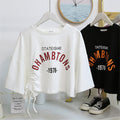 Damen cropped T-Shirt mit lässigem Kordelzug und kreativem Schriftzug