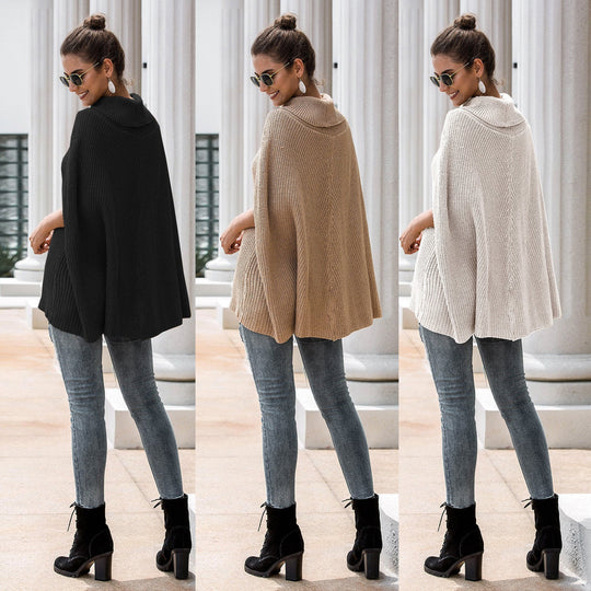 Damen Strickponcho mit stiltauglichem Rollkragen und offenen Ärmeln