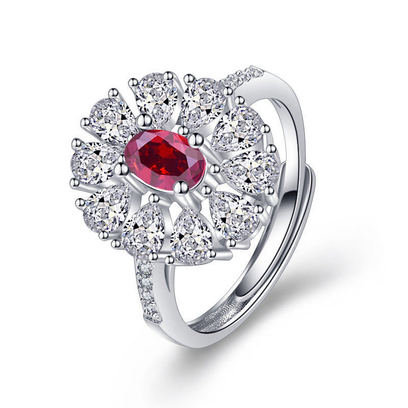 Damen eleganter Ring mit funkelndem Rubin und kunstvollem Zirkonia-Besatz Shop Nory