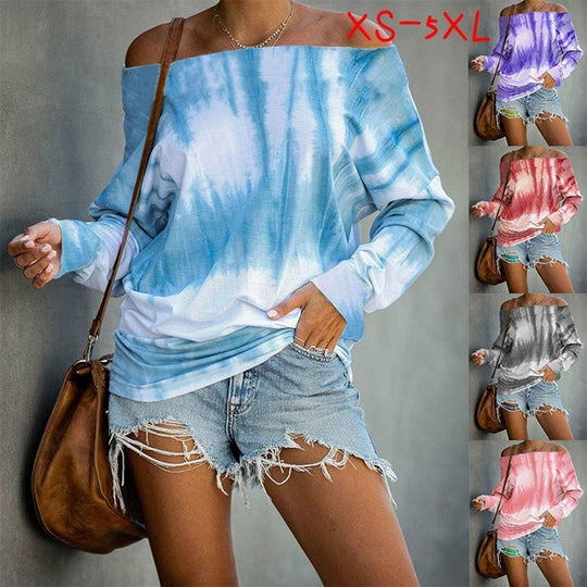Damen Schulterfreies Batik-Langarmshirt mit weitem Oversize-Schnitt Shop Nory