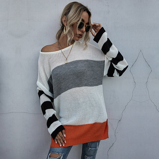 Damen Oversize-Feinstrickpullover im Blockdesign mit Off-Shoulder, gestreiften Ärmeln und geripptem Saum Shop Nory
