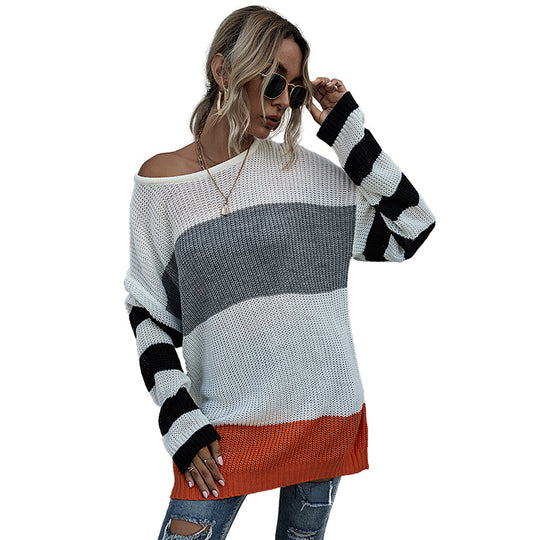 Damen Oversize-Feinstrickpullover im Blockdesign mit Off-Shoulder, gestreiften Ärmeln und geripptem Saum Shop Nory