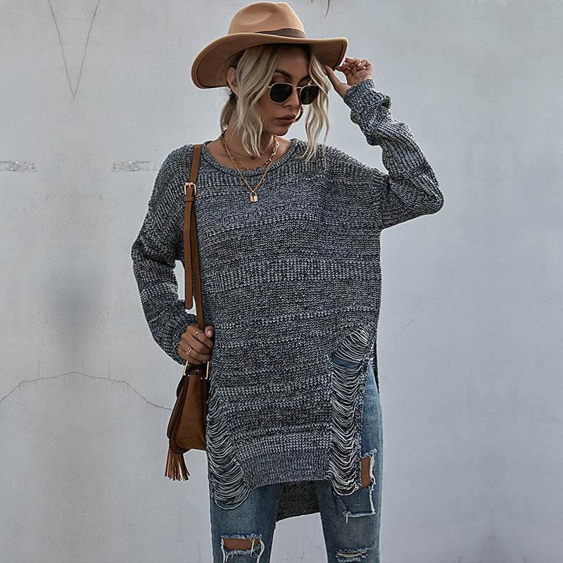 Damen Oversize-Longpullover mit Fransen-Schlitzen und High‑Low-Saum Shop Nory