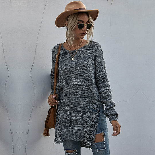 Damen Oversize-Longpullover mit Fransen-Schlitzen und High‑Low-Saum Shop Nory