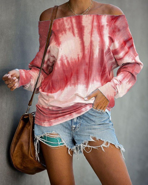 Damen Schulterfreies Batik-Langarmshirt mit weitem Oversize-Schnitt Shop Nory