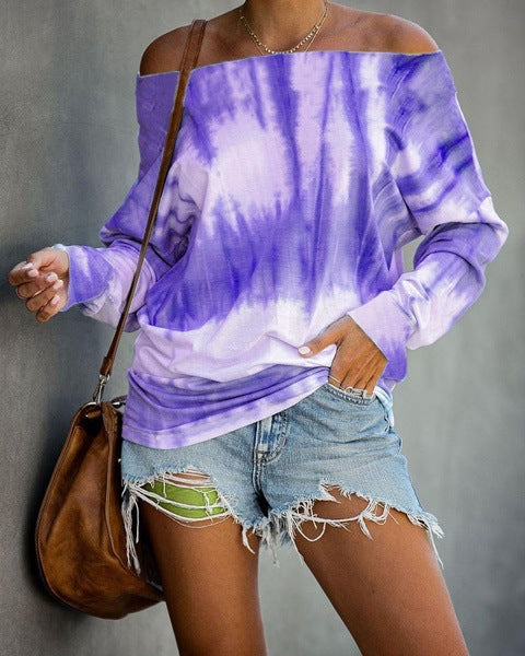 Damen Schulterfreies Batik-Langarmshirt mit weitem Oversize-Schnitt Shop Nory