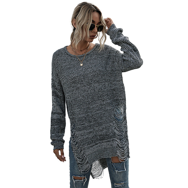 Damen Oversize-Longpullover mit Fransen-Schlitzen und High‑Low-Saum Shop Nory