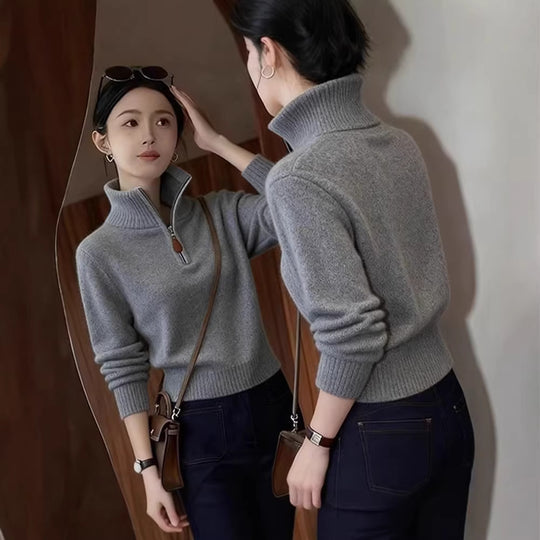 Eleganter Damen-Strickpullover mit halbem Reißverschluss