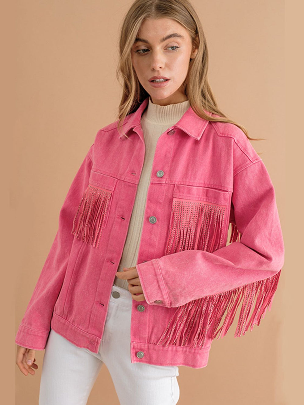 Fransen-Detail Gefallene Schulter Denimjacke