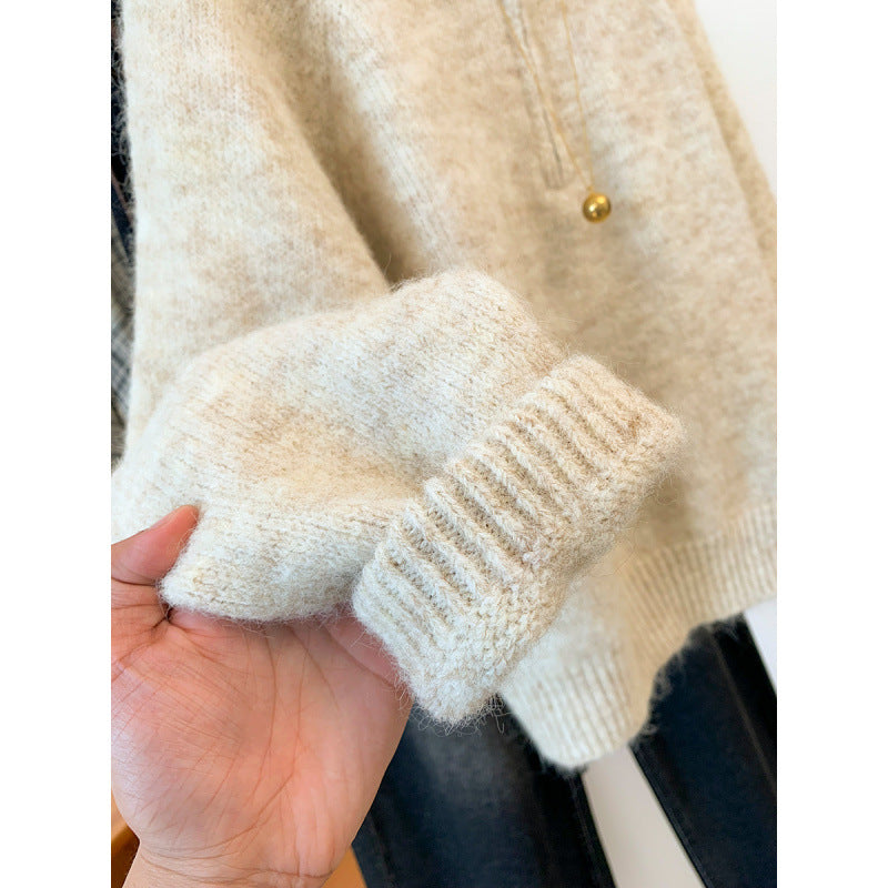 Damen-Strickpullover mit Kapuze und halbem Reißverschluss