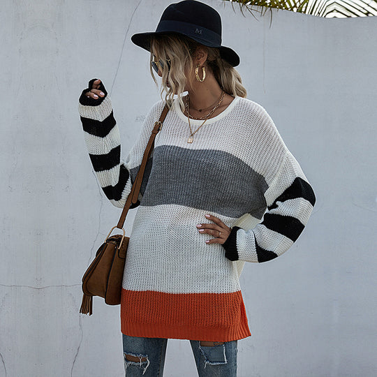Damen Oversize-Feinstrickpullover im Blockdesign mit Off-Shoulder, gestreiften Ärmeln und geripptem Saum Shop Nory