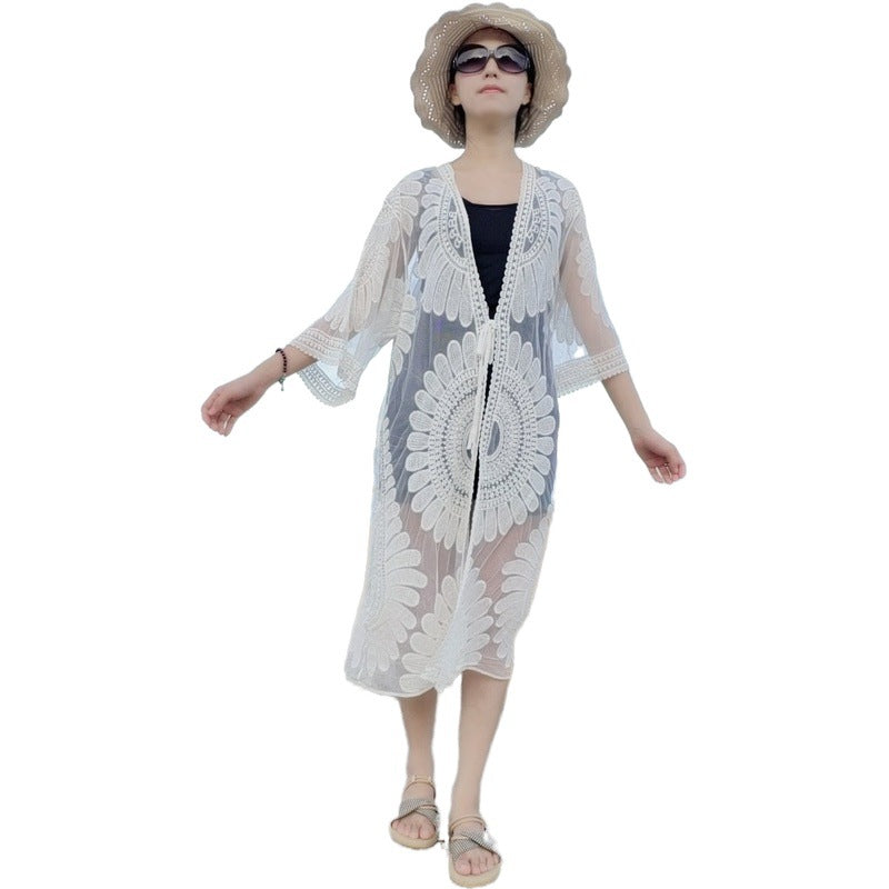 Gehäkelter Strand-Sonnenschutz-Cardigan mit hohler Spitze für Damen