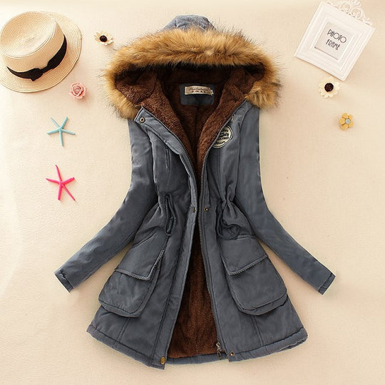 Damen Gefütterter Parka mit Kunstfellkapuze und Kordelzug-Taillierung Shop Nory