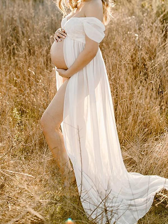 Umstands-Chaps, elegante, schicke, seitlich geschlitzte Spitze, Bandeau-Maxi-Fotoshooting-Kleider