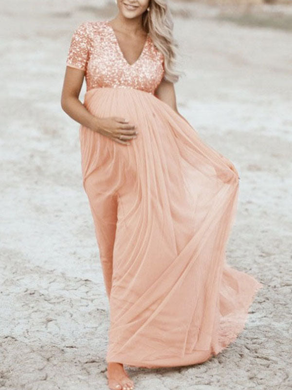 Schwangerschafts-Chaps Maxi-Fotoshooting-Kleider, elegante Pailletten, Tüll, Rosa, Babyparty