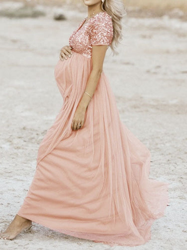 Schwangerschafts-Chaps Maxi-Fotoshooting-Kleider, elegante Pailletten, Tüll, Rosa, Babyparty