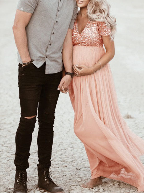 Schwangerschafts-Chaps Maxi-Fotoshooting-Kleider, elegante Pailletten, Tüll, Rosa, Babyparty