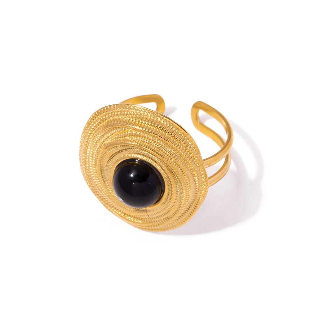 Ring geometrisch mit schwarzer Kugel in Edelstahl - 18k vergoldet | Shop Nory
