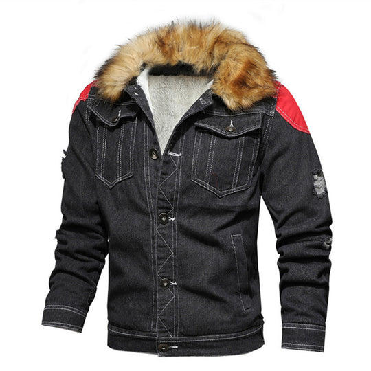 Herren Denim Worker-Jacke mit Kunstfellkragen, Teddy-Innenfutter und roten Schulterpatches Shop Nory