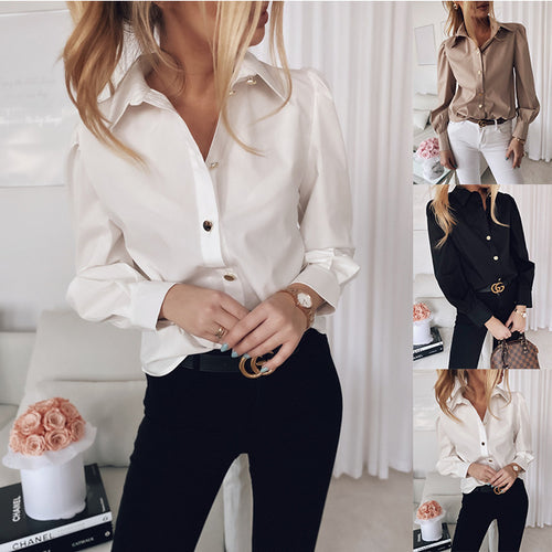 Damen Elegante Langarm-Bluse mit Perlmuttknöpfen und dezent gerafften Schultern Shop Nory