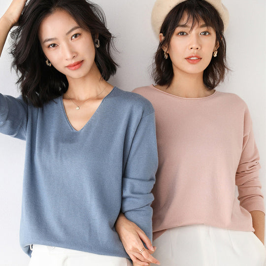 Damen Lässiger Feinstrick V-Ausschnitt Pullover mit überschnittenen Schultern Shop Nory