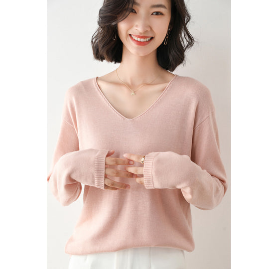 Damen Lässiger Feinstrick V-Ausschnitt Pullover mit überschnittenen Schultern Shop Nory