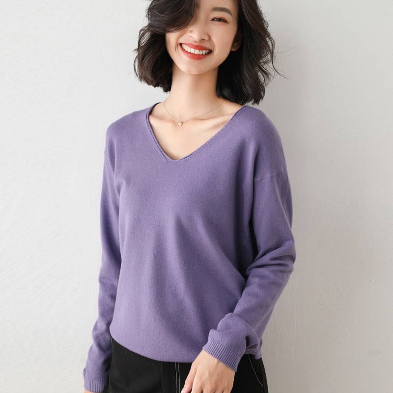 Damen Lässiger Feinstrick V-Ausschnitt Pullover mit überschnittenen Schultern Shop Nory