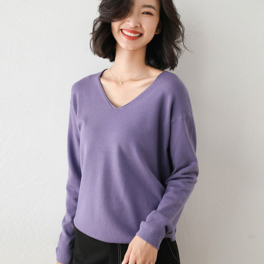 Damen Lässiger Feinstrick V-Ausschnitt Pullover mit überschnittenen Schultern Shop Nory
