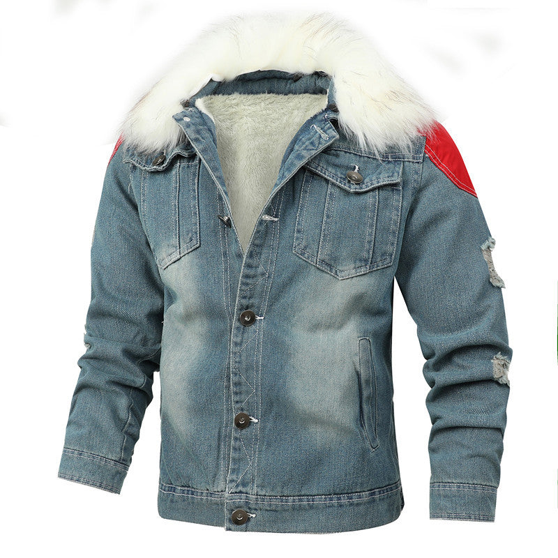 Herren Denim Worker-Jacke mit Kunstfellkragen, Teddy-Innenfutter und roten Schulterpatches Shop Nory