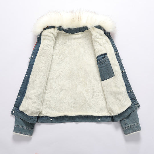 Herren Denim Worker-Jacke mit Kunstfellkragen, Teddy-Innenfutter und roten Schulterpatches Shop Nory