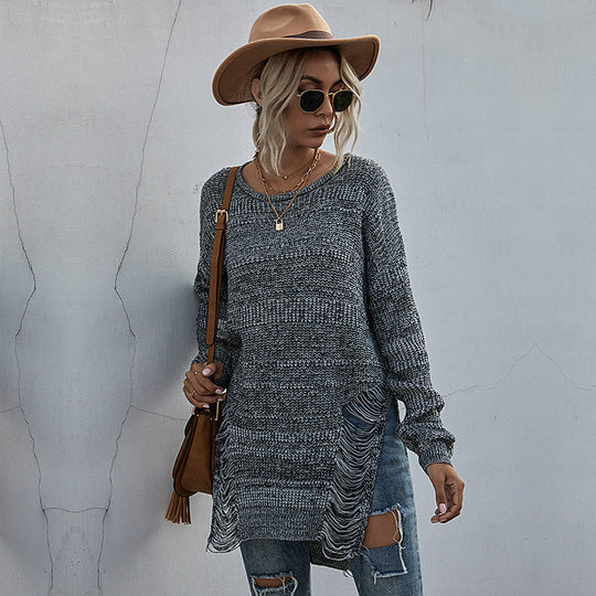 Damen Grobstrick-Longpullover mit seitlichen Fransen und geripptem Saum Shop Nory