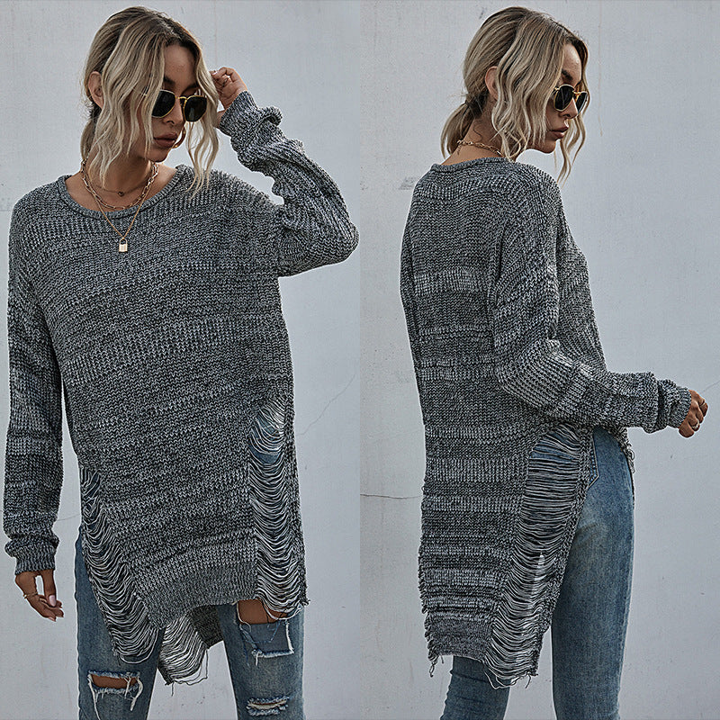 Damen Grobstrick-Longpullover mit seitlichen Fransen und geripptem Saum Shop Nory