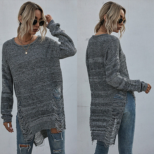 Damen Grobstrick-Longpullover mit seitlichen Fransen und geripptem Saum Shop Nory