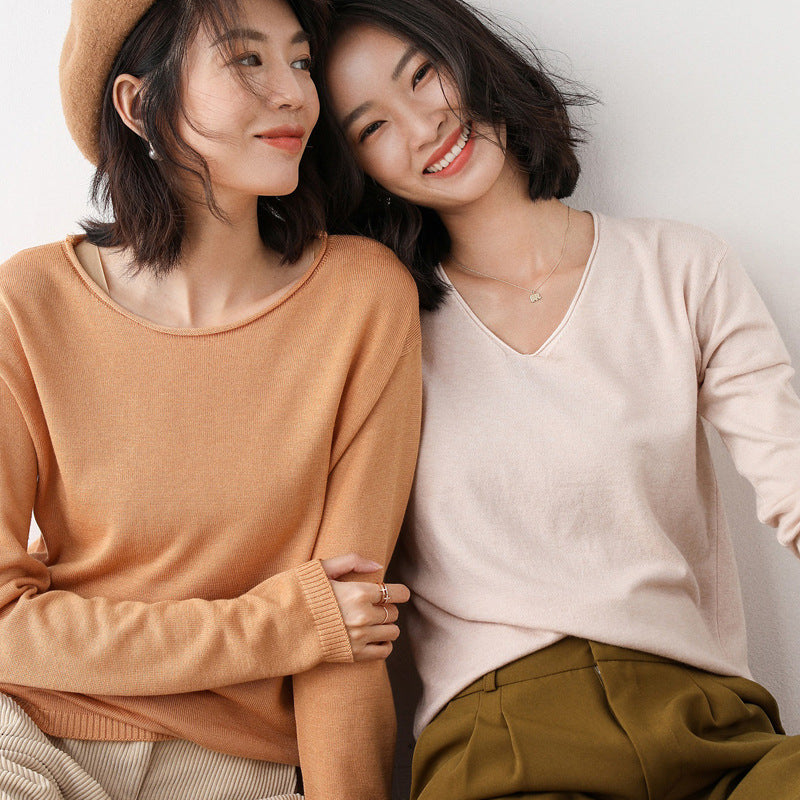 Damen Lässiger Feinstrick V-Ausschnitt Pullover mit überschnittenen Schultern Shop Nory
