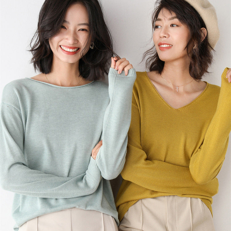 Damen Lässiger Feinstrick V-Ausschnitt Pullover mit überschnittenen Schultern Shop Nory