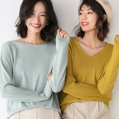Damen Lässiger Feinstrick V-Ausschnitt Pullover mit überschnittenen Schultern Shop Nory