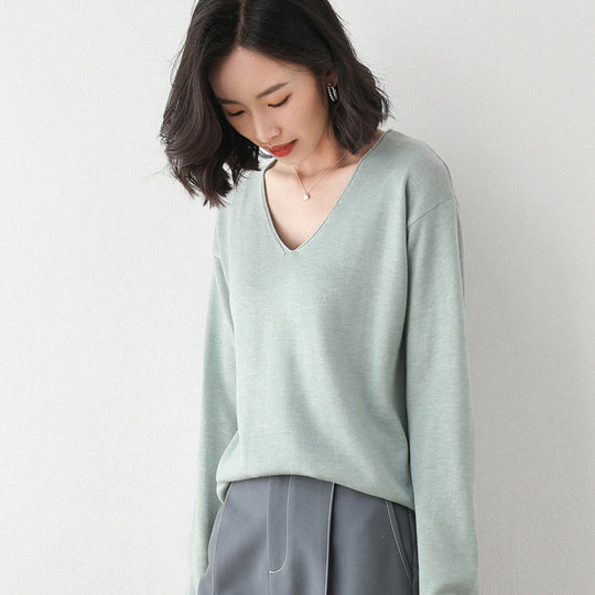 Damen Lässiger Feinstrick V-Ausschnitt Pullover mit überschnittenen Schultern Shop Nory