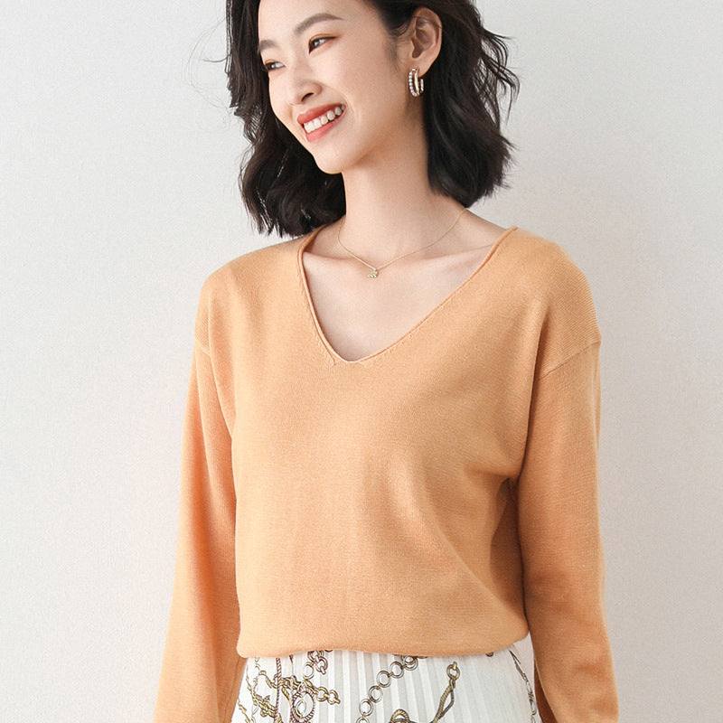 Damen Lässiger Feinstrick V-Ausschnitt Pullover mit überschnittenen Schultern Shop Nory
