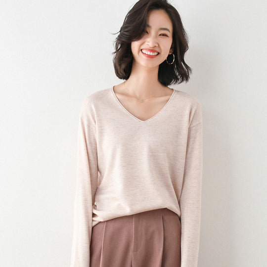 Damen Lässiger Feinstrick V-Ausschnitt Pullover mit überschnittenen Schultern Shop Nory
