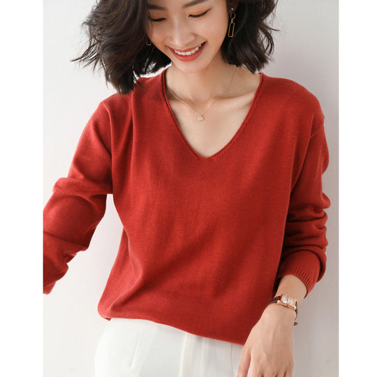 Damen Lässiger Feinstrick V-Ausschnitt Pullover mit überschnittenen Schultern Shop Nory