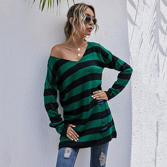 Damen Lässiger Longpullover mit V‑Ausschnitt, Grobstrickstreifen und Löcherdetails Shop Nory