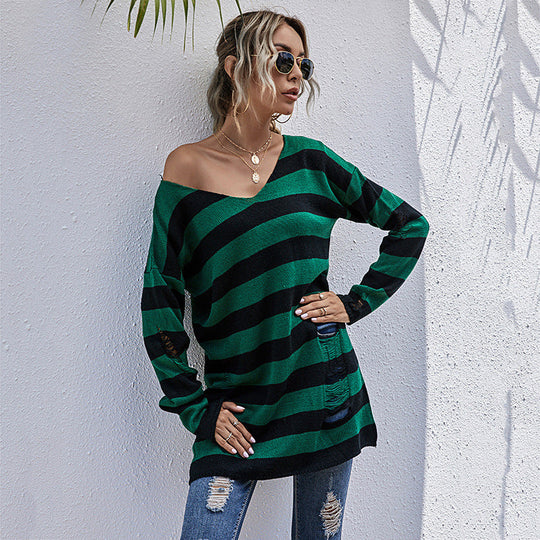 Damen Gestreifter Oversize Strickpullover mit V‑Ausschnitt und Distressed-Details Shop Nory