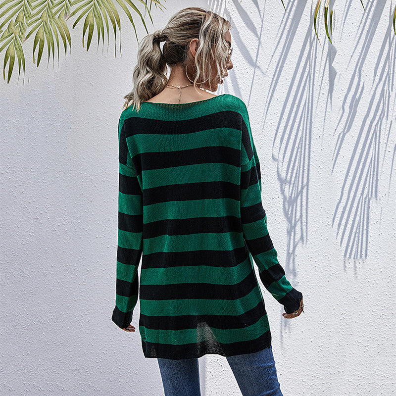 Damen Lässiger Longpullover mit V‑Ausschnitt, Grobstrickstreifen und Löcherdetails Shop Nory