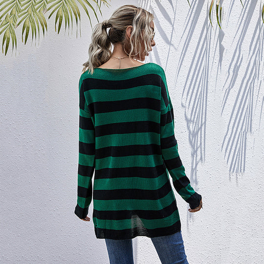 Damen Lässiger Longpullover mit V‑Ausschnitt, Grobstrickstreifen und Löcherdetails Shop Nory
