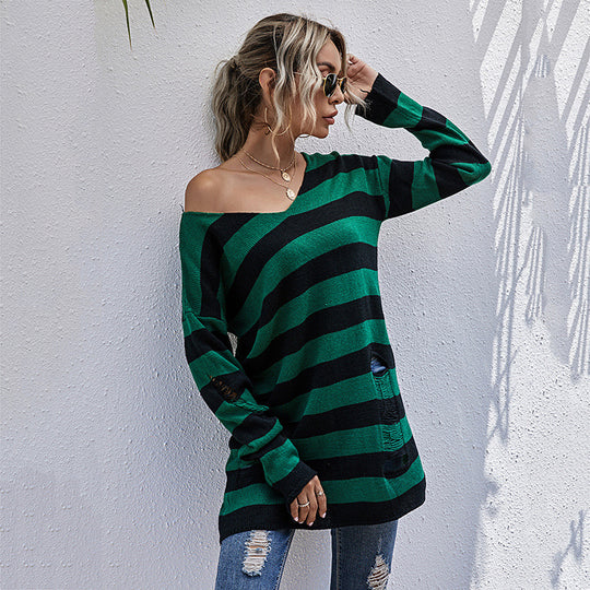 Damen Lässiger Longpullover mit V‑Ausschnitt, Grobstrickstreifen und Löcherdetails Shop Nory
