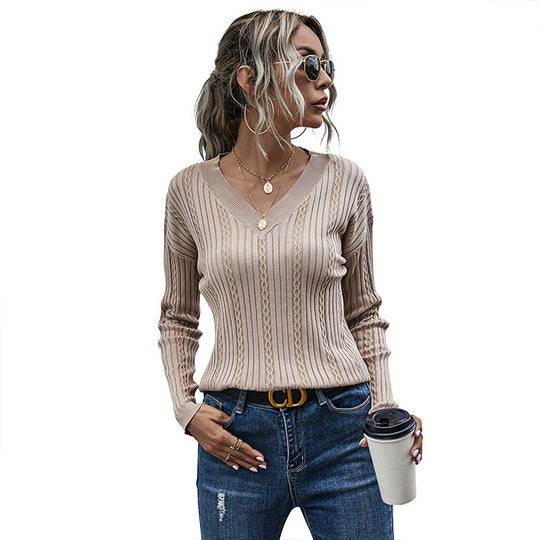 Damen Feiner Rippenstrick-Pullover mit Zopfmuster und V‑Ausschnitt Shop Nory